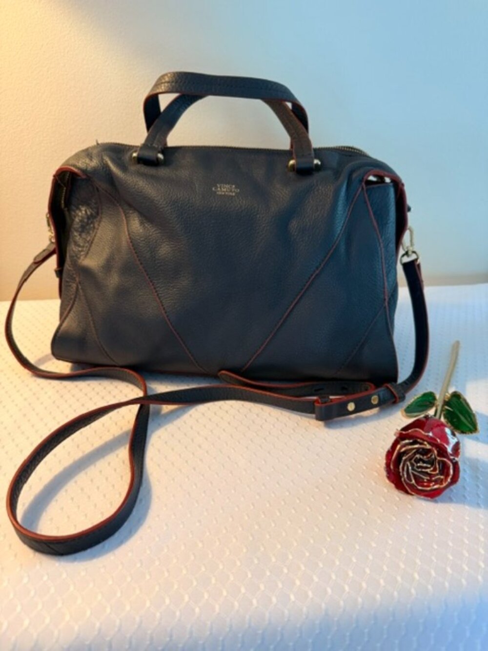 Vince Camuto Navy Red Trim Genuine Leather Satchel Crossbody Bag